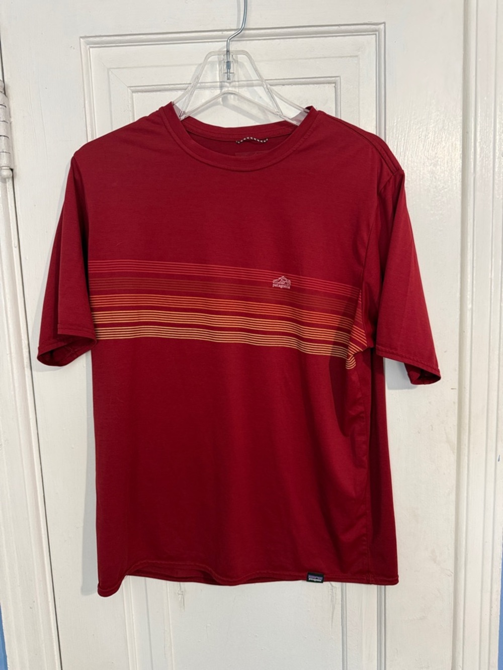 Men's Patagonia Red Short-Sleeve Crewneck Stripe Performance Shirt